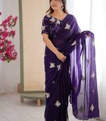 Purple mos silk with handwork butterfly design saree with unstitched blouse