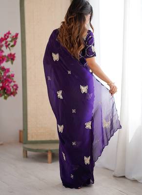 Purple mos silk with handwork butterfly design saree with unstitched blouse 2