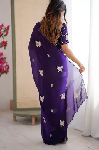 Purple mos silk with handwork butterfly design saree with unstitched blouse