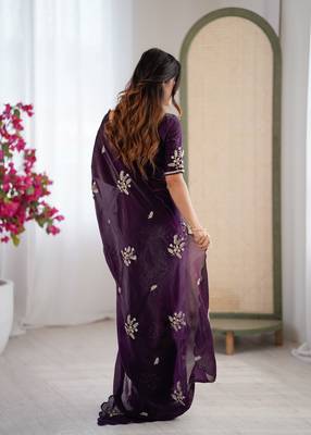 Designer wine heavy fendy satin with beads embroidered work saree with unstitched blouse 2