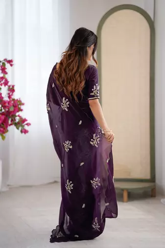 Designer wine heavy fendy satin with beads embroidered work saree with unstitched blouse