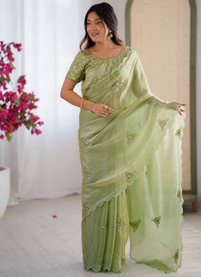Designer pista heavy fendy satin with beads embroidered work saree with unstitched blouse 1