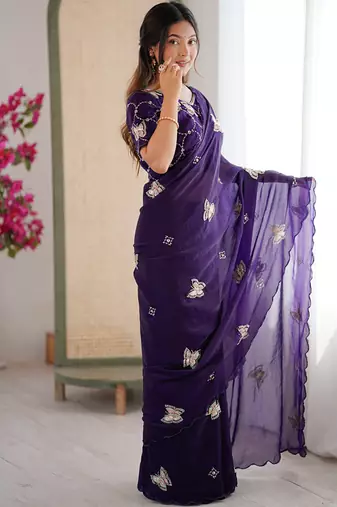 Purple mos silk with handwork butterfly design saree with unstitched blouse