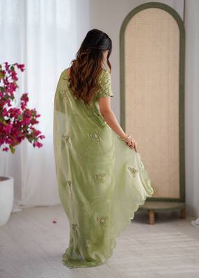Designer pista heavy fendy satin with beads embroidered work saree with unstitched blouse 2