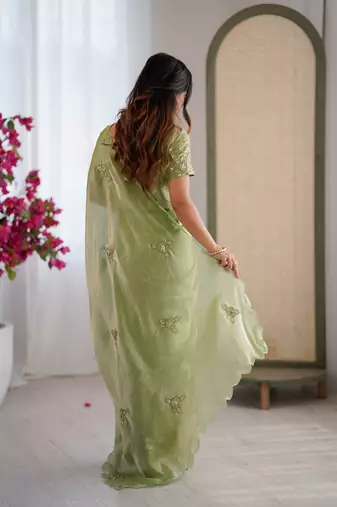 Designer pista heavy fendy satin with beads embroidered work saree with unstitched blouse