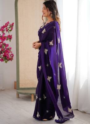 Purple mos silk with handwork butterfly design saree with unstitched blouse 4
