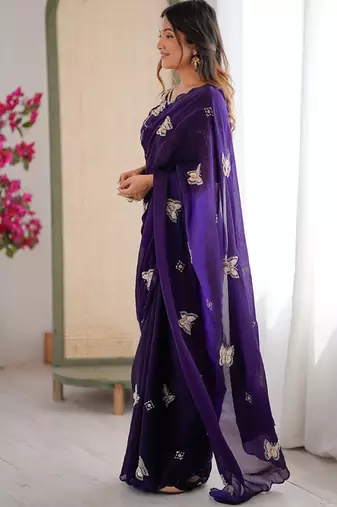 Purple mos silk with handwork butterfly design saree with unstitched blouse