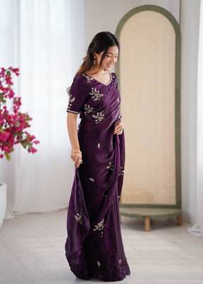 Designer wine heavy fendy satin with beads embroidered work saree with unstitched blouse 3