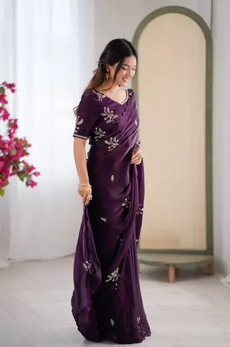 Designer wine heavy fendy satin with beads embroidered work saree with unstitched blouse