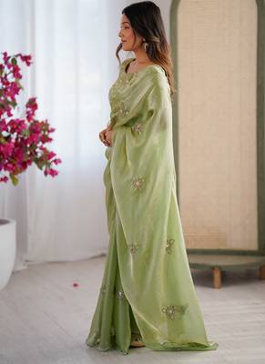 Designer pista heavy fendy satin with beads embroidered work saree with unstitched blouse 3