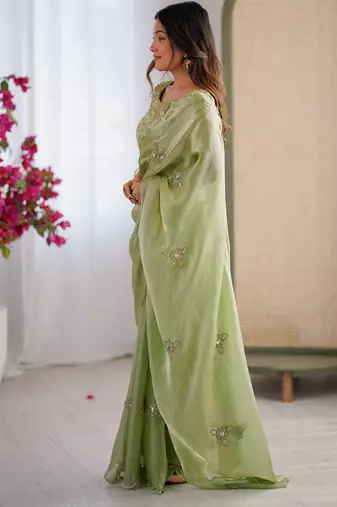 Designer pista heavy fendy satin with beads embroidered work saree with unstitched blouse