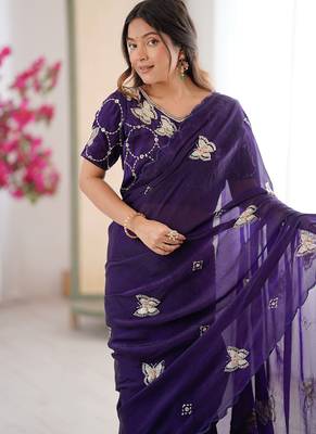 Purple mos silk with handwork butterfly design saree with unstitched blouse 5