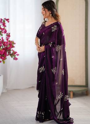 Designer wine heavy fendy satin with beads embroidered work saree with unstitched blouse 4