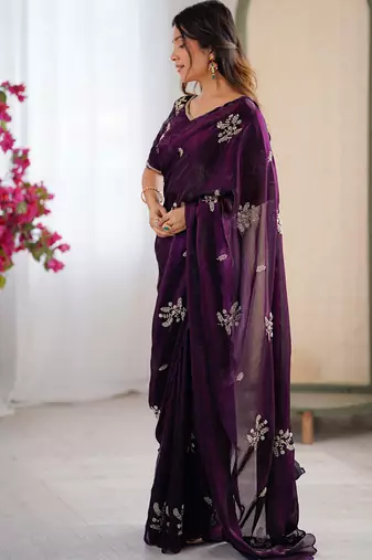 Designer wine heavy fendy satin with beads embroidered work saree with unstitched blouse