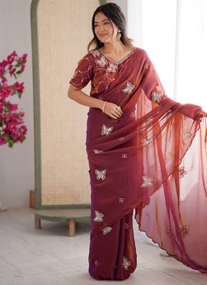 Rust mos silk with handwork butterfly design saree with unstitched blouse 1