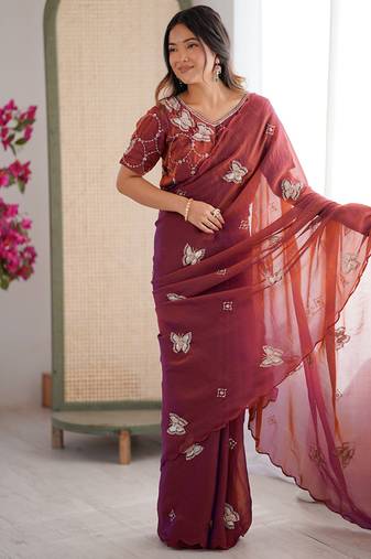 Rust mos silk with handwork butterfly design saree with unstitched blouse