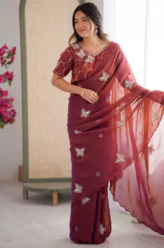 Rust mos silk with handwork butterfly design saree with unstitched blouse