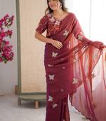 Rust mos silk with handwork butterfly design saree with unstitched blouse