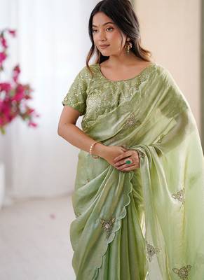 Designer pista heavy fendy satin with beads embroidered work saree with unstitched blouse 5