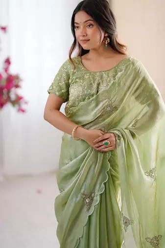 Designer pista heavy fendy satin with beads embroidered work saree with unstitched blouse