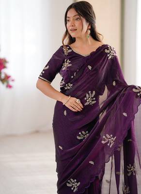 Designer wine heavy fendy satin with beads embroidered work saree with unstitched blouse 5