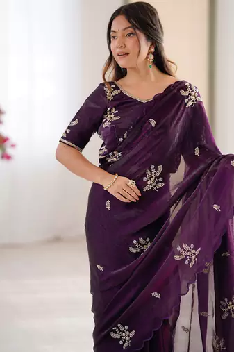 Designer wine heavy fendy satin with beads embroidered work saree with unstitched blouse