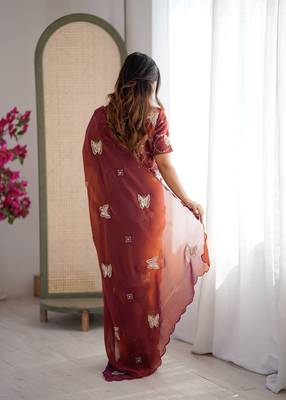 Rust mos silk with handwork butterfly design saree with unstitched blouse 2