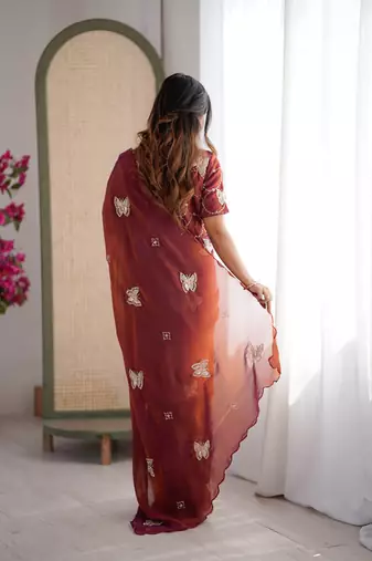 Rust mos silk with handwork butterfly design saree with unstitched blouse