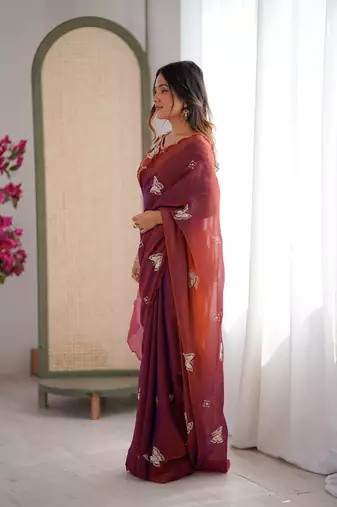 Rust mos silk with handwork butterfly design saree with unstitched blouse