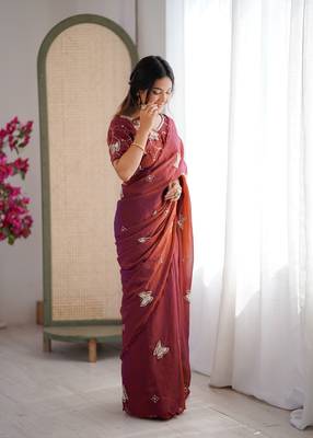 Rust mos silk with handwork butterfly design saree with unstitched blouse 4