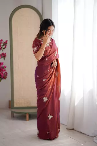 Rust mos silk with handwork butterfly design saree with unstitched blouse