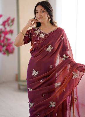 Rust mos silk with handwork butterfly design saree with unstitched blouse 5