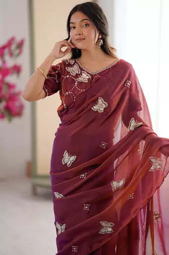 Rust mos silk with handwork butterfly design saree with unstitched blouse