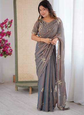 Grey mos silk with handwork butterfly design saree with unstitched blouse 1