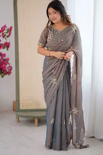 Grey mos silk with handwork butterfly design saree with unstitched blouse