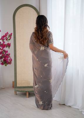 Grey mos silk with handwork butterfly design saree with unstitched blouse 2