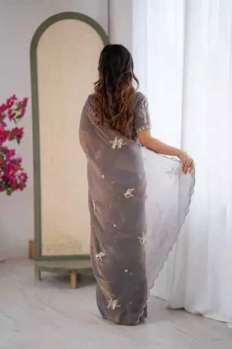 Grey mos silk with handwork butterfly design saree with unstitched blouse