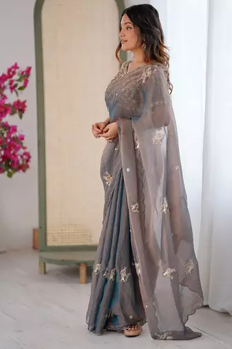 Grey mos silk with handwork butterfly design saree with unstitched blouse