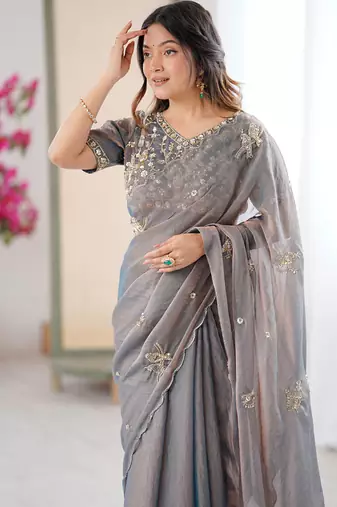 Grey mos silk with handwork butterfly design saree with unstitched blouse