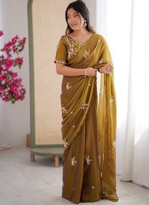 Mehendi mos silk with handwork butterfly design saree with unstitched blouse 1