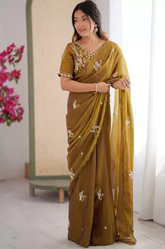 Mehendi mos silk with handwork butterfly design saree with unstitched blouse