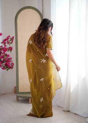 Mehendi mos silk with handwork butterfly design saree with unstitched blouse 2