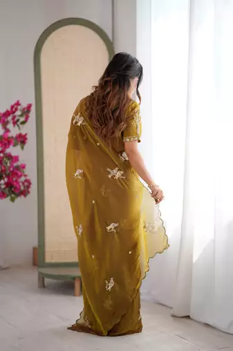 Mehendi mos silk with handwork butterfly design saree with unstitched blouse