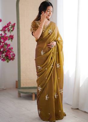 Mehendi mos silk with handwork butterfly design saree with unstitched blouse 3