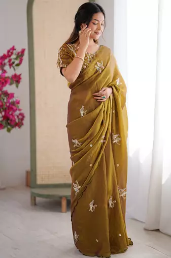 Mehendi mos silk with handwork butterfly design saree with unstitched blouse