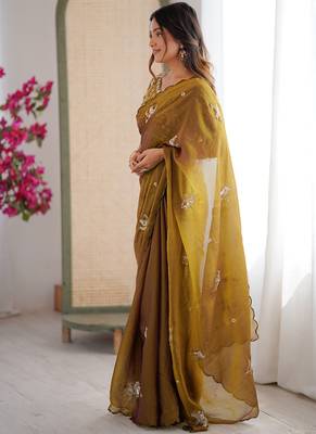 Mehendi mos silk with handwork butterfly design saree with unstitched blouse 4