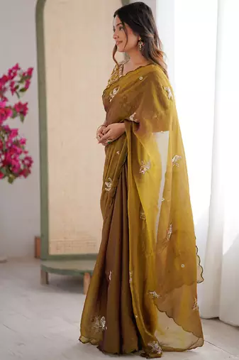 Mehendi mos silk with handwork butterfly design saree with unstitched blouse