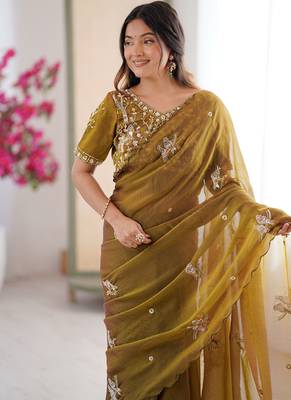 Mehendi mos silk with handwork butterfly design saree with unstitched blouse 5