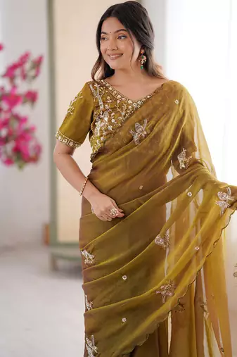 Mehendi mos silk with handwork butterfly design saree with unstitched blouse