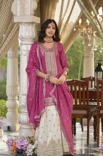 Magenta heavy chinon free size stitched suit with digital printed & embroidery work